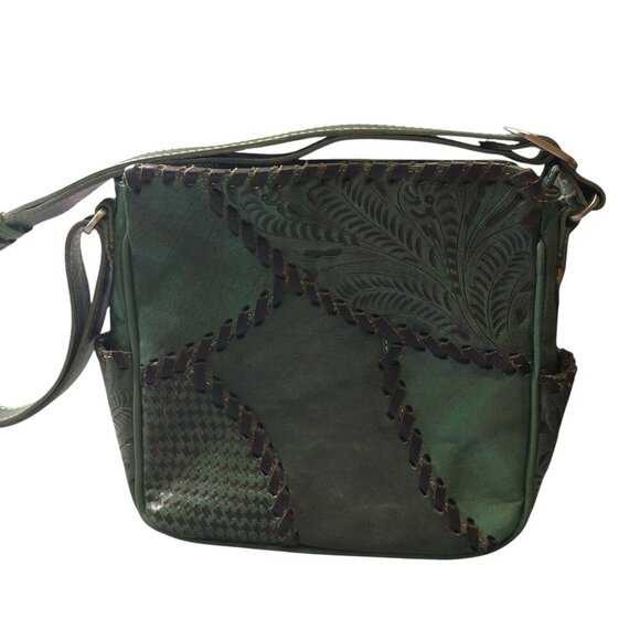 American West Hand Tooled Leather Shoulder Bag Green Vintage Boho Western - Picture 4 of 14